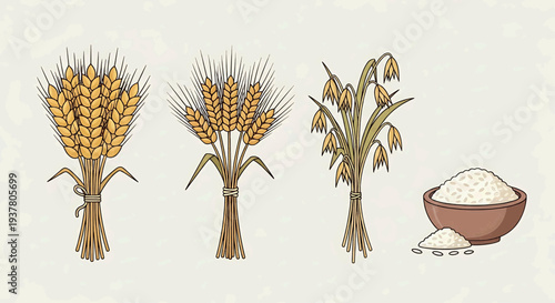 Colorful vector illustration of essential cereal grains golden wheat, barley, oats, and rice. Ideal for themes of healthy staple foods, agriculture, and bountiful harvest