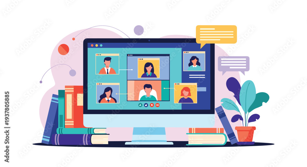 Fototapeta premium Computer monitor displaying a video conference call with multiple participants, symbolizing remote work and online education.