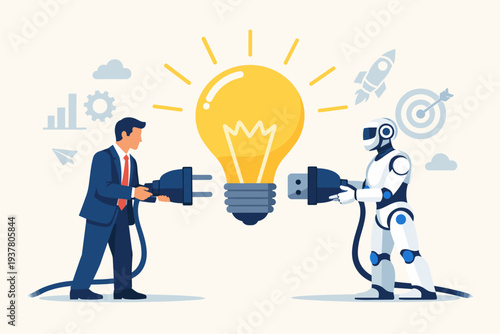 Human and Artificial Intelligence Collaboration for Business Success, Innovation and Technology to Generate New Ideas, Robot and Businessman Connecting Power Plugs to a Glowing Light Bulb