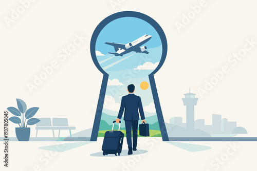 Businessman with suitcase walking through a keyhole portal towards a sunny sky with an airplane, representing the return of global travel, business opportunities, and freedom after lockdown.