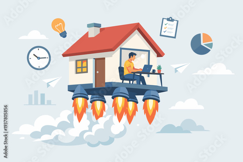 Boost Productivity and Efficiency Working from Home Concept with a Man in a Rocket House Flying High in the Sky, Representing Success, Motivation, and Career Growth in a Remote Work Environment.