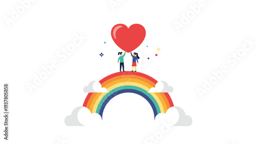 Two young girls standing on a vibrant rainbow in the clouds holding a large red heart symbolizing love, friendship, and diversity for all.