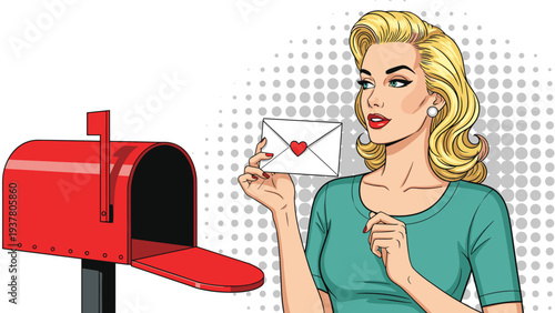 Beautiful blonde woman in pop art style holding a white envelope with a red heart next to an open red mailbox for a romantic message.