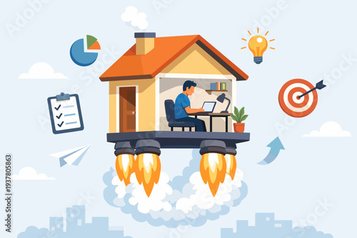 Remote Work Motivation and Productivity Concept with Man Working on Laptop Inside a Flying House Powered by Rocket Boosters and Business Icons for Success, Efficiency, and Career Growth