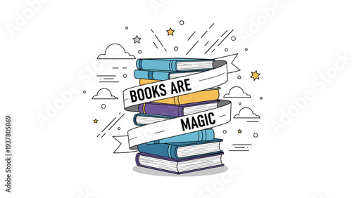Stack of colorful hardcover books wrapped in a white ribbon with the inspiring quote books are magic among clouds and stars in the sky.