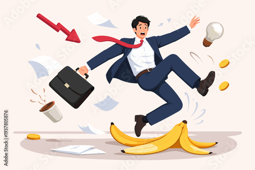 Businessman in Suit Slipping on Banana Peel Representing Business Mistake, Financial Risk, and Unexpected Crisis. Concept of Economic Failure, Accident Insurance, and Professional Disaster.