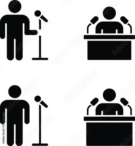 Simple graphic illustration icons representing public speaking and presenting at podium with microphone for presentations and conferences