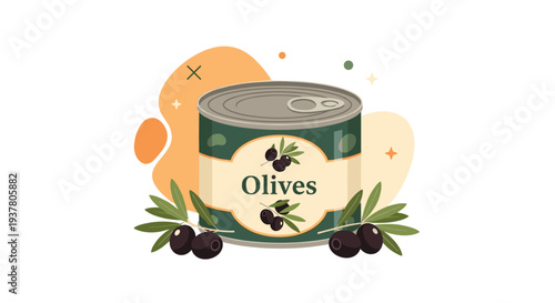 Illustration of a tin can of black olives with a label, surrounded by fresh olive branches and abstract background shapes.