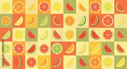 Vibrant Fruit Pattern Featuring Slices of Watermelon, Orange, Lemon, and Papaya in a Colorful Grid Design