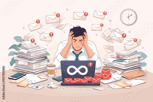 Stressed Businessman Overwhelmed by Email Overload and Busy Workload at Office Desk, Exhausted Employee Suffering from Burnout, Anxiety, and Inefficient Communication with Endless Notifications