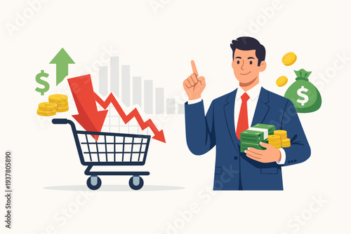 Buy the Dip Concept with Businessman Holding Cash and Coins Next to Shopping Cart and Red Downward Arrow, Financial Trader Investing During Stock Market Crash to Make Profit and Build Wealth.