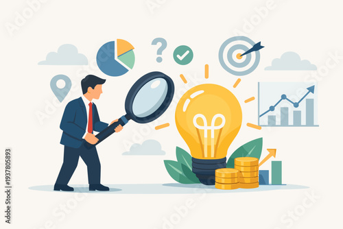 Businessman using a magnifying glass to analyze a glowing light bulb for market research, business viability, idea validation, financial growth, and strategic planning vector illustration concept.