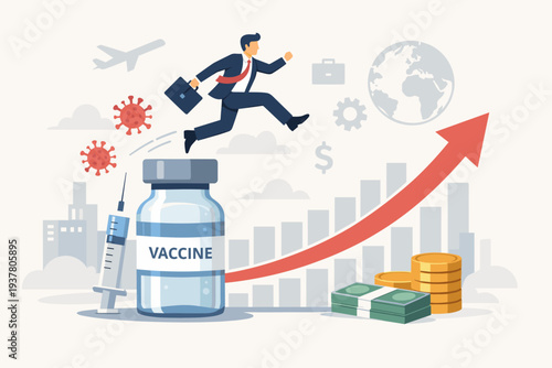 Businessman jumping over a vaccine vial towards a rising growth arrow, representing global economic recovery, financial success, and market rebound after the COVID-19 pandemic vaccination.