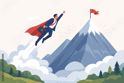 Superhero businessman in suit and red cape flying towards a mountain peak with a red flag, symbolizing career success, achieving goals, leadership, ambition, and reaching professional milestones.
