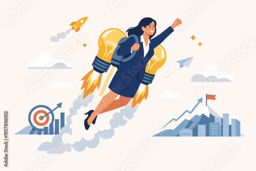 Businesswoman flying with light bulb jetpack representing innovation and creativity to boost productivity and motivation for career success, goal achievement, and business growth in a startup.