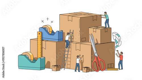 Group of small workers using tape, scissors, and ladders to pack giant cardboard boxes illustrating logistics, moving, and distribution.