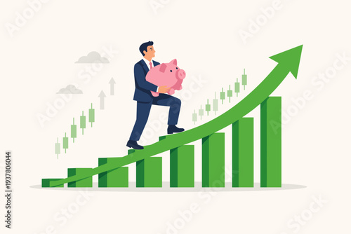 Businessman in a suit carrying a pink piggy bank walking up a rising green bar chart with an upward arrow and stock market candlestick patterns, representing financial growth and investment.