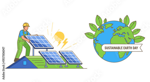 Illustration of a worker installing solar panels with a Sustainable Earth Day logo on a white background, symbolizing eco-friendly energy solutions.