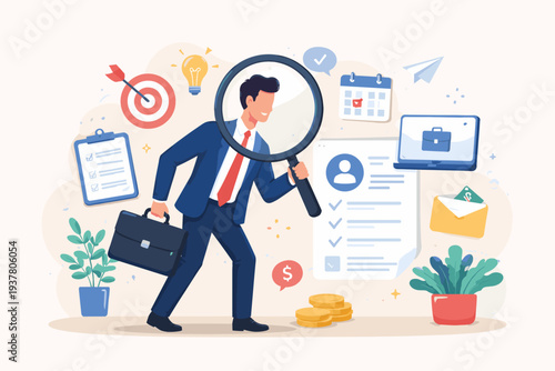 Businessman Job Seeker Searching for New Career Opportunities and Vacancies with Magnifying Glass, Recruitment Concept for Human Resources, Employment, Hiring, and Professional Work Discovery