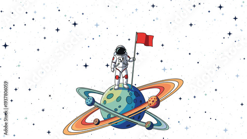 Brave astronaut standing on a colorful ringed planet and holding a red flag amidst a vast field of stars in the deep space universe.