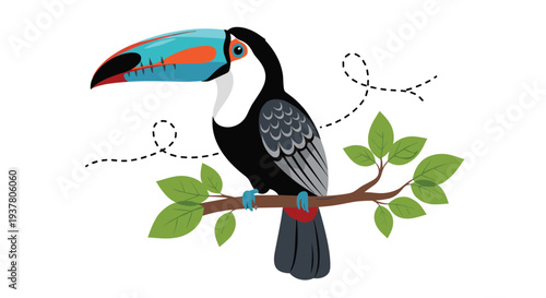 Colorful cartoon toucan with a large vibrant beak sitting on a tree branch with green leaves, isolated vector illustration.