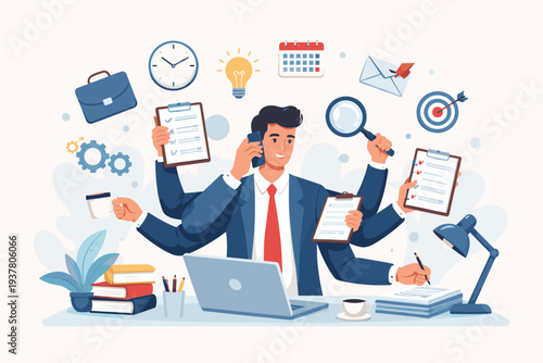 Multitasking Businessman with Multiple Hands Managing Various Office Tasks Simultaneously, Concept of High Productivity, Efficiency, Time Management, and Busy Professional Work Environment
