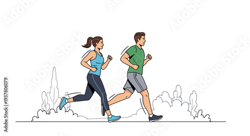 Vector illustration of a man and woman running side by side in athletic wear with a minimalist background and subtle motion lines.