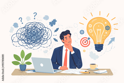 Businessman at desk contemplating complex problems, transitioning from chaotic confusion and mental clutter to a bright creative lightbulb idea, strategic thinking, innovation, and business logic.