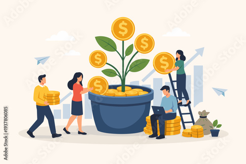 Mutual fund investment growth and wealth management concept with people working together to grow a money plant in a pot, financial profit from stock market savings and capital gain illustration.