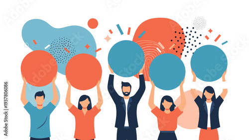 Group of diverse people holding up large blank circular signs in red and blue against an abstract colorful background pattern.