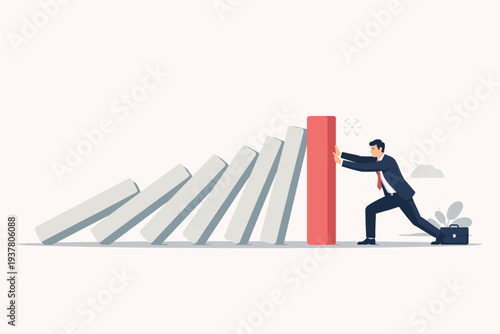 Businessman Stopping Falling Dominoes Chain Reaction for Risk Management, Proactive Crisis Prevention, Business Protection, Resilience and Strategic Problem Solving Vector Illustration