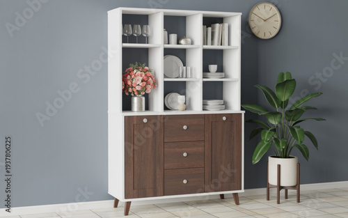 Modern wooden cabinet with shelves and drawers in a room with plant and clock gray wall On Valentine's day