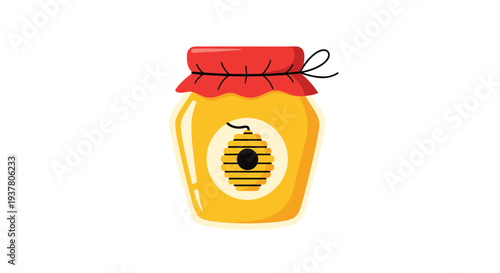 Cute cartoon illustration of a glass jar filled with golden honey, with a red lid and a beehive label on front.