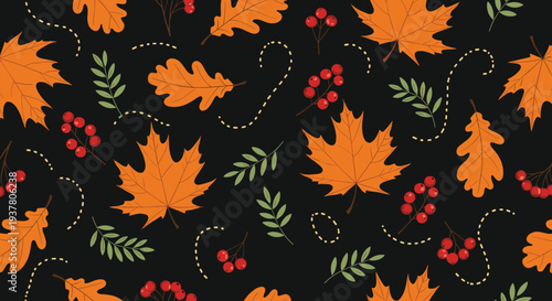 Elegant seamless autumn pattern on a black background featuring orange maple and oak leaves, green foliage, and red berries.