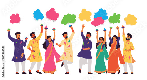 Illustration of a group of people in traditional Indian attire celebrating Holi with colorful powders against a white background.