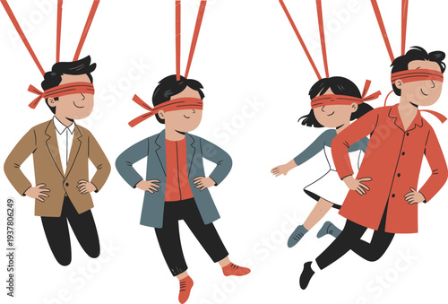 Puppet people controlled by strings with blindfolds on their eyes
