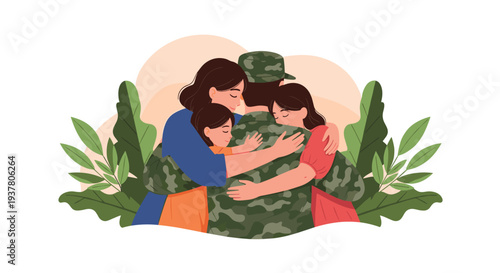 Soldier in camouflage uniform being welcomed home with a heartfelt group hug from his loving wife and two daughters.