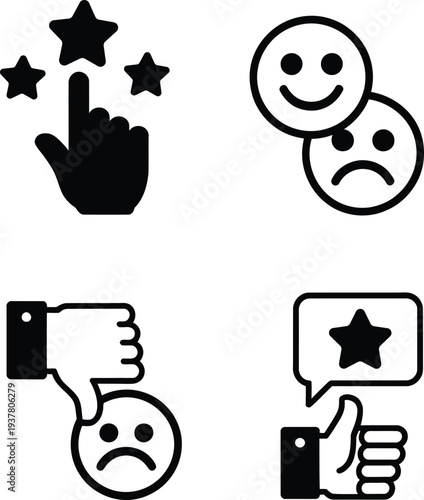 Collection of simple rating icons featuring thumbs up and down symbols for user feedback and review purposes online.
