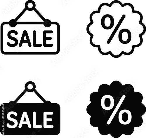 Collection of black sale signs and percentage symbols in varying styles on a white background for promotional use