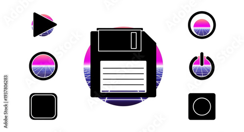 Retro computer icons and floppy disk with sunset background.