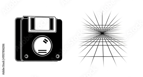 Retro floppy disk and abstract digital grid pattern.