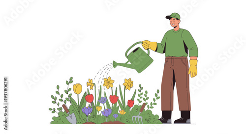 Illustration of a man watering colorful flowers and plants with a green watering can in a garden.