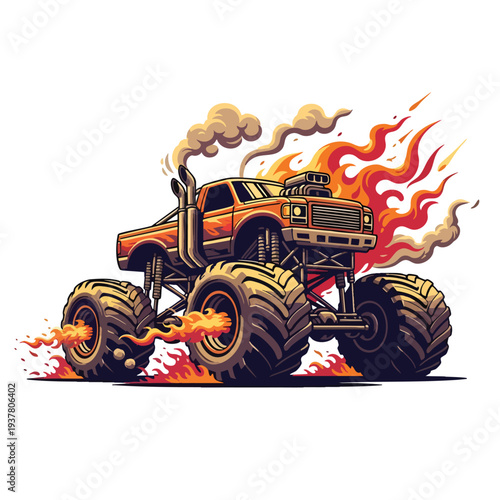 A vector illustration of a monster truck with flames and smoke, presented in a dynamic pose on a white background. Perfect for automotive designs, racing promotions, and monster truck