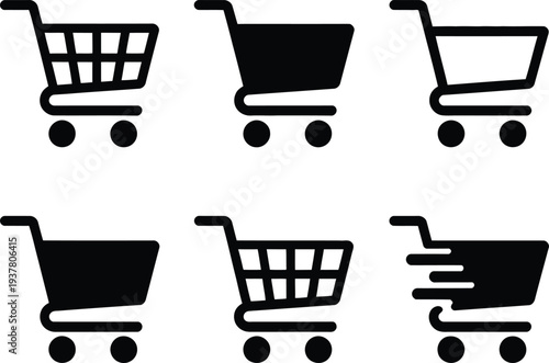 Collection of various shopping cart icons in different styles on a white background