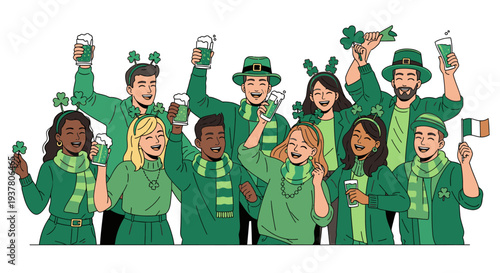 Diverse group of people wearing green attire and accessories, celebrating with drinks and Irish flags on a white background with a festive mood.
