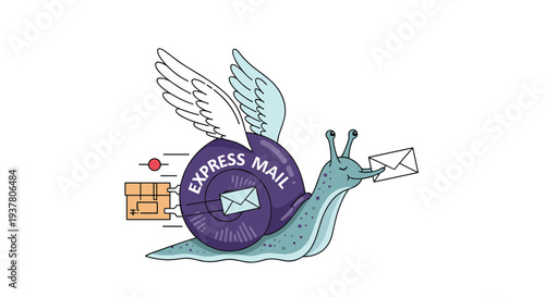 Funny cartoon concept of express mail delivery featuring a snail with wings carrying a letter and packages on its shell.