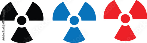 Simple graphic design featuring three different colored radiation symbols on a clean white background illustration