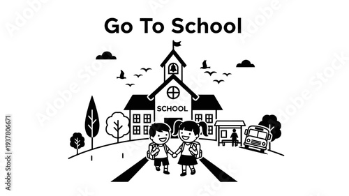 Black and white illustration of two children standing on a road in front of a school building with a bus and trees, conveying a simple educational scene.