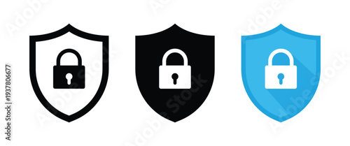 Shield icon with lock symbol. Shield badge representing protection, security, privacy. Transparent PNG and vector