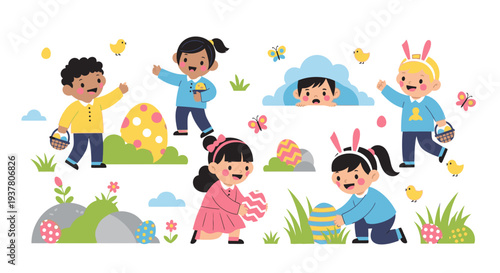 Colorful illustration of children in Easter bunny ears playing with eggs and candy on a white background with a joyful and festive mood.